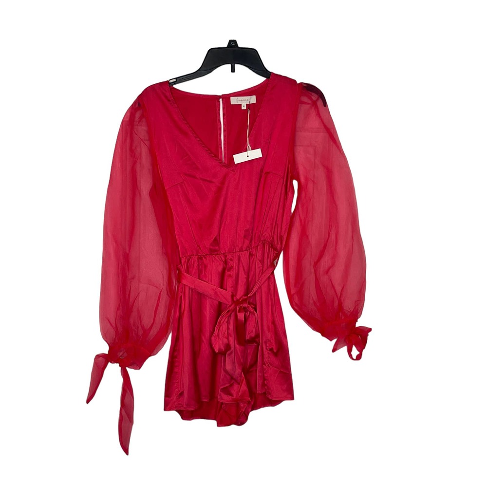 Fanco Women Romper‎ Sheer V Neck Lace Long Sleeve Tie Waist Red Sz. Medium NWT